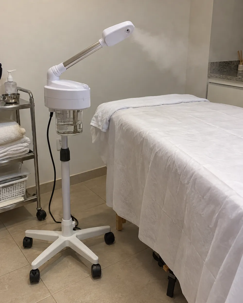 Vapor de ozônio de pé, com reservatório de vidro e braço apontado para a maca, soltando vapor numa sala de estética.