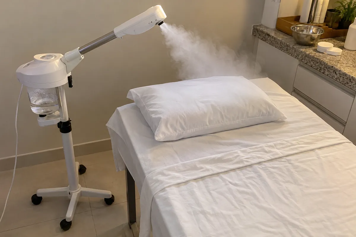 Aparelho de vapor ligado ao lado da maca forrada, com o vapor saindo em direção ao travesseiro.